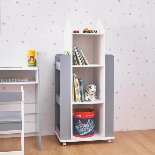 KINDER HOME RAKETA sa rotirajućim odsjekom za 360 stepeni drvena - za odlaganje knjiga i igračaka BIJELA/SIVA TF-6914