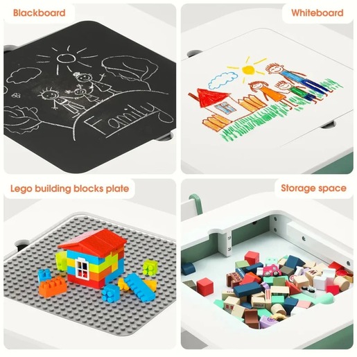 KINDER HOME dječji stol sa stolicama 4 u 1 ,2 vrha,tabla i vrh za slaganje LEGO konstrukotora TF-6808
