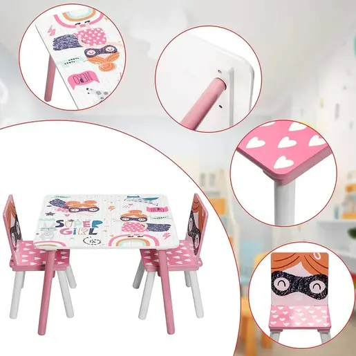 KINDER HOME Drveni dječji stol sa stolicama roze TF-6001