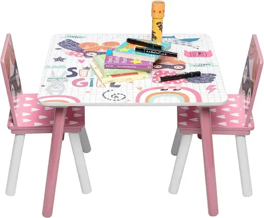 KINDER HOME Drveni dječji stol sa stolicama roze TF-6001
