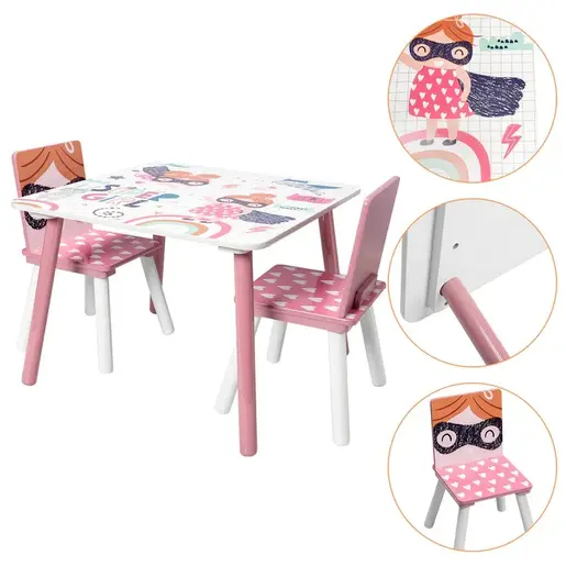 KINDER HOME Drveni dječji stol sa stolicama roze TF-6001