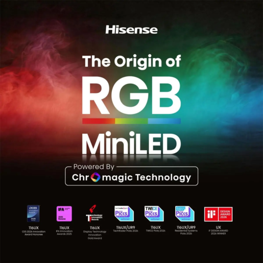 Hisense RGB MiniLED 65UR8S, 4K Ultra HD, Smart TV, VIDAA, Smart OS, 180 Hz, 2.1.2 Ch. Multi-Surround, Crni