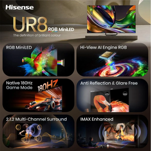 Hisense RGB MiniLED 65UR8S, 4K Ultra HD, Smart TV, VIDAA, Smart OS, 180 Hz, 2.1.2 Ch. Multi-Surround, Crni