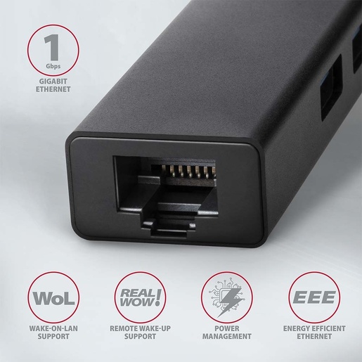 AXAGON USB HUB HMA-GL3A, 3x USB-A, Gigabit LAN, USB 3.2 Gen 1, 20cm USB-A kabel, crni