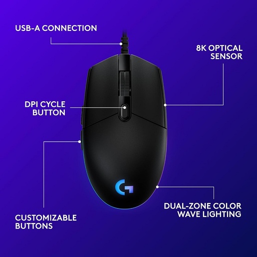 Logitech miš G203 Lightsync, žični USB, optički, 8000 DPI, 6 tipki + Scroll, RGB, programabilne tipke, crni