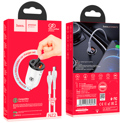 Hoco Auto punjač sa Lightning kabelom, PD + QC3.0, 2 x USB, 4.8 A - NZ2 Link, type C-Lightning, White