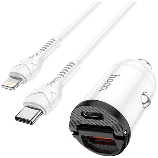 Hoco Auto punjač sa Lightning kabelom, PD + QC3.0, 2 x USB, 4.8 A - NZ2 Link, type C-Lightning, White