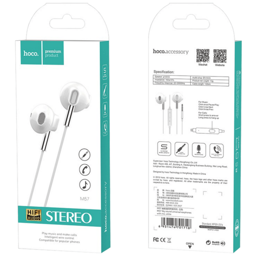 Hoco Slušalice sa mikrofonom, 3.5 mm, dužina kabela 1.2 met, bijela - M57 Sky sound, White