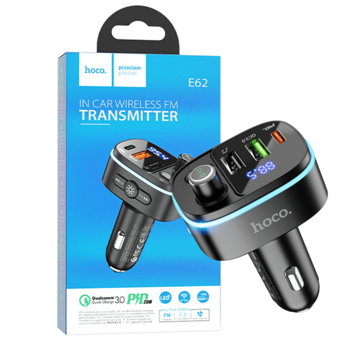 Hoco FM modulator, E62,Bluetooth,12/24 V,2xUSB, 1xUSB-C,PD20W - E62 Fast