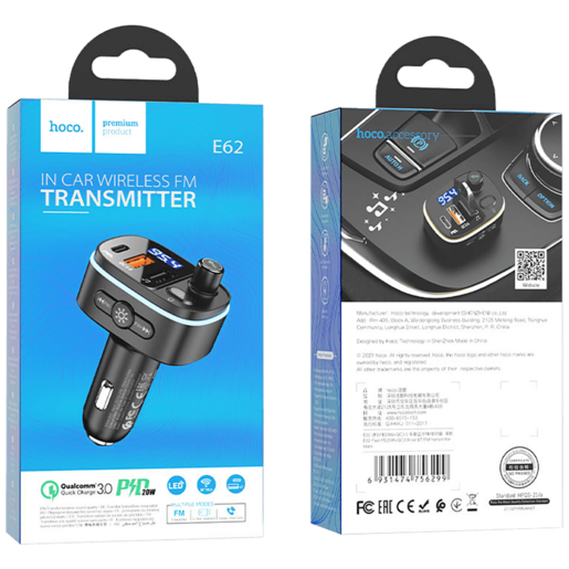 Hoco FM modulator, E62,Bluetooth,12/24 V,2xUSB, 1xUSB-C,PD20W - E62 Fast