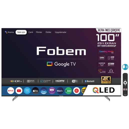 Fobem QLED televizor MT100EG8000QF, 4K Ultra HD, Smart TV, Google TV™, 144 Hz, Frameless, crni