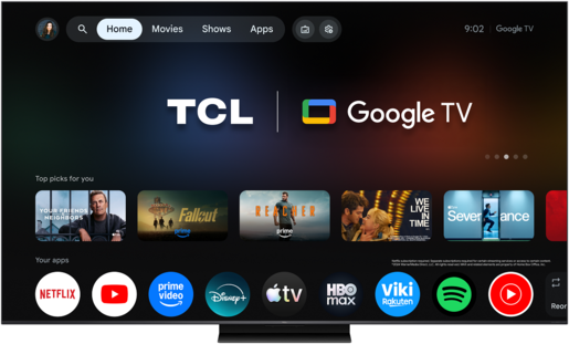 TCL SQD MiniLED televizor 75C7L, 4K Ultra HD, Smart TV, Google TV, 144 Hz (VRR 288 Hz), HDR 2.700 nita, zvučnici Bang & Olufsen, Crni