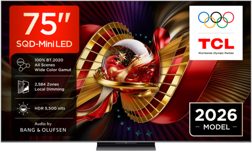 TCL SQD MiniLED televizor 75C8L, 4K Ultra HD, Smart TV, Google TV, 144 Hz (VRR 288 Hz), WHVA 2.0 Ultra panel, HDR  5.500 nita, zvučnici Bang & Olufsen, Crni