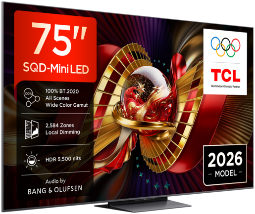 TCL SQD MiniLED televizor 75C8L, 4K Ultra HD, Smart TV, Google TV, 144 Hz (VRR 288 Hz), WHVA 2.0 Ultra panel, HDR  5.500 nita, zvučnici Bang & Olufsen, Crni
