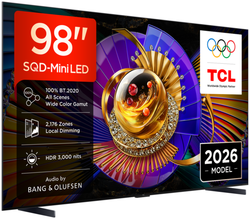TCL SQD MiniLED televizor 98C7L, 4K Ultra HD, Smart TV, Google TV, 144 Hz (VRR 288 Hz), HDR 2.700 nita, zvučnici Bang & Olufsen, Crni