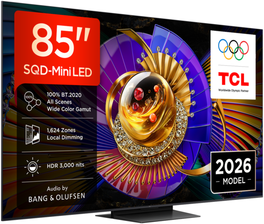 TCL SQD MiniLED televizor 85C7L, 4K Ultra HD, Smart TV, Google TV, 144 Hz (VRR 288 Hz), HDR 2.700 nita, zvučnici Bang & Olufsen, Crni