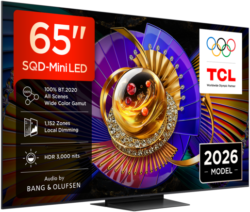 TCL SQD MiniLED televizor 65C7L, 4K Ultra HD, Smart TV, Google TV, 144 Hz (VRR 288 Hz), HDR 2.700 nita, zvučnici Bang & Olufsen, Crni