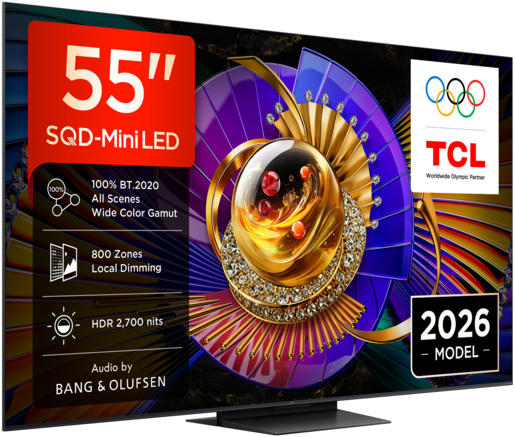 TCL SQD MiniLED televizor 55C7L, 4K Ultra HD, Smart TV, Google TV, 144 Hz (VRR 288 Hz), HDR 2.700 nita, zvučnici Bang & Olufsen, Crni