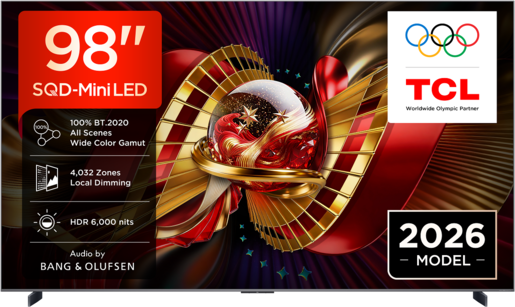 TCL SQD MiniLED televizor 98C8L, 4K Ultra HD, Smart TV, Google TV, 144 Hz (VRR 288 Hz), WHVA 2.0 Ultra panel, HDR  5.500 nita, zvučnici Bang & Olufsen, Crni