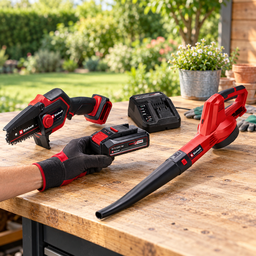 Einhell PXC set 3u1 aku lančana pila GE-PS 18/15 Li BL, aku puhač lišća GC-CL 18 Li E i Starter Kit 18 V, 2.5 Ah