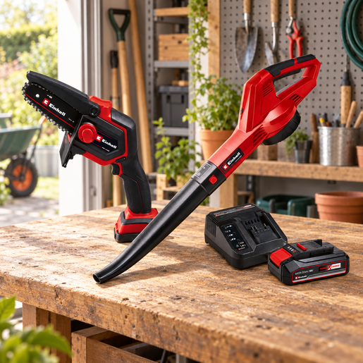Einhell PXC set 3u1 aku lančana pila GE-PS 18/15 Li BL, aku puhač lišća GC-CL 18 Li E i Starter Kit 18 V, 2.5 Ah