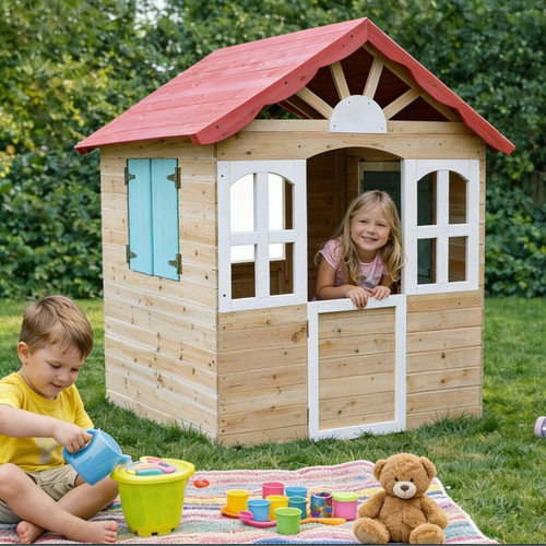 KINDER HOME Dječija drvena kućica za igru na otvorenom - za dvorište i baštu, 115×102×129 cm C996