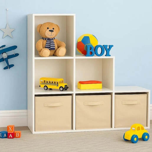 KINDER HOME Dječija polica za knjige i organizator za igračke sa 6 pregrada i tekstilnim kutijama, bijela, Montessori namještaj 7052