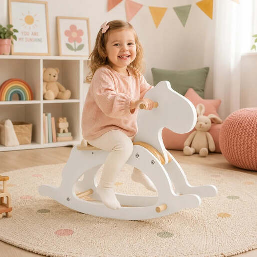 KINDER HOME Dječiji drveni konj za ljuljanje, bijeli, puno drvo, Montessori igračka W16D163