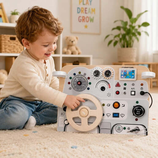 KINDER HOME Dječija drvena tabla Autić, volan sa dugmićima i zvucima, Montessori igračka W12D769