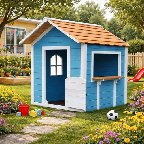 KINDER HOME Dječija drvena kućica za igru – Za igranje uloga, dvorište i baštu, plava, 118×138×132,5 WKP-113