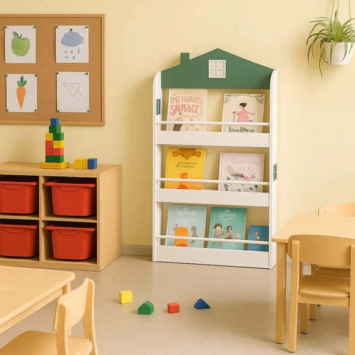 KINDER HOME Dječija polica za knjige i igračke – Kuća, 3 police, drvo JVTR-3478