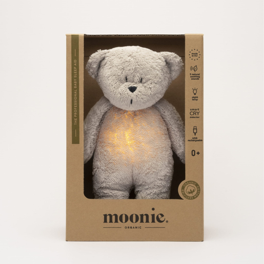Moonie Organic Grey plišani medo za uspavljivanje sa zvukovima i noćnom lampicom