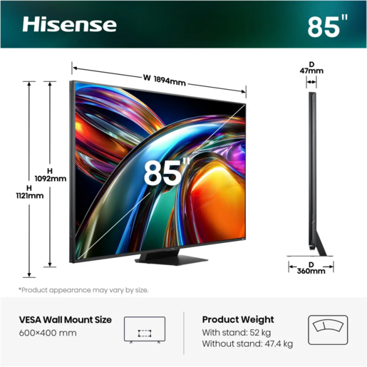 Hisense RGB MiniLED 85UR9S, 4K Ultra HD, Smart TV, VIDAA U9, Smart OS, 170 Hz, 4.1.2 surround (90W), Bez odsjaja i refleksije, Osvjetljenje do 5000 nita, USB-C, Crni