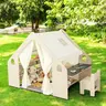 KINDER HOME dječji drveni ljetnikovac 6 u 1  – stolica, stol, tabla, organizator, tenda i mekana podloga AT-KF-2401