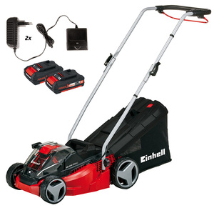 EINHELL akumulatorska kosilica GE-CM 33 Li Kit Power X-Change, sa 2 baterije 2,0 Ah Li-ion i 2 punjača (33 cm širina reza, 25 -65 mm visina reza, 30 L košara)