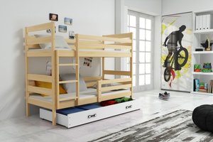Drveni dječji krevet na kat Erik s ladicom - 190x80 - svijetlo drvo-bijeli