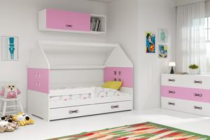 Drveni dječji krevet s klasičnom ladicom DOMI, bijeli 160×80, roza ladica
