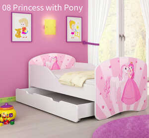 Dječji krevet ACMA s motivom, bočna bijela + ladica 140x70 08 Princess with Pony