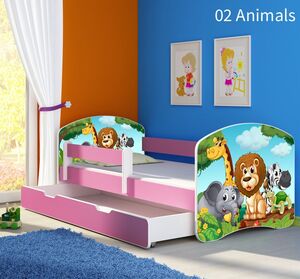 Dječji krevet ACMA s motivom, bočna roza + ladica   140x70 02 Animals