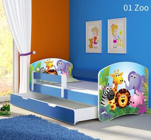 Dječji krevet ACMA s motivom, bočna plava + ladica 140x70 01 Zoo