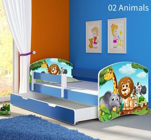 Dječji krevet ACMA s motivom, bočna plava + ladica 140x70 02 Animals