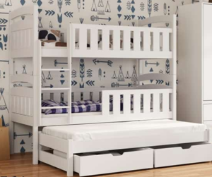 Drveni dječji krevet na kat Anatol s tri kreveta i ladicom - bijeli - 200*90