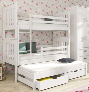 Drveni dječji krevet na kat Jarek s tri kreveta i ladicom - bijeli - 200*90