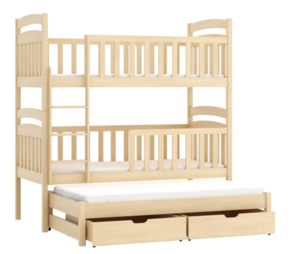 Drveni dječji krevet na kat Anatol s tri kreveta i ladicom - svijetlo drvo - 200*90