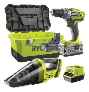 RYOBI akomulatorski set R18DD3-252VT, bušilica-odvijač R18DD3-252VT (50NM), usisavač R18HV-0 (850 l/min), punjač, akumulator 5,0Ah, akumulator 2,5Ah, kovčeg