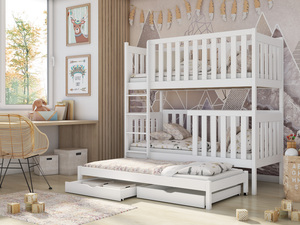 Drveni dječji krevet na kat Emilka s tri kreveta i ladicom, 200 x 90 cm, bijeli