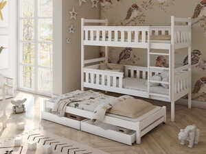 Drveni dječji krevet na kat Kors s tri kreveta i ladicom, 200 x 90 cm, bijeli