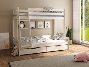 Drveni dječji krevet na kat Nora Family s dvije ladice - bijeli, 90/120 x200 cm s COCO max madracima