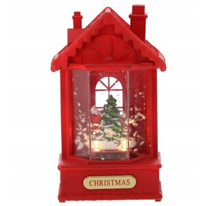 Božićni LED ukras - Crvena kućica s osvjetljenjem, glazbom i snijegom 12 x 9 x 19,5 cm