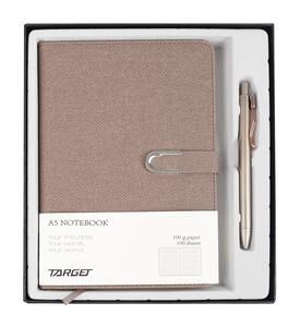 Poklon set, bilježnica A5 s kopčom i olovkom, bež